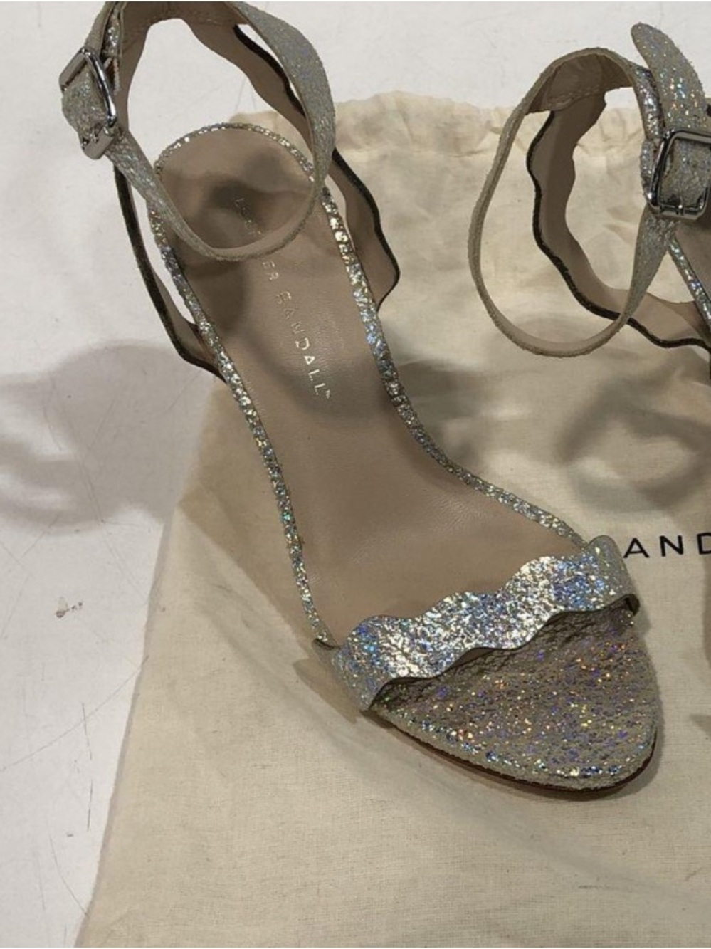 Women’s Loeffler Randall Silver Glitter Leather High Heel Sandals Size 7B